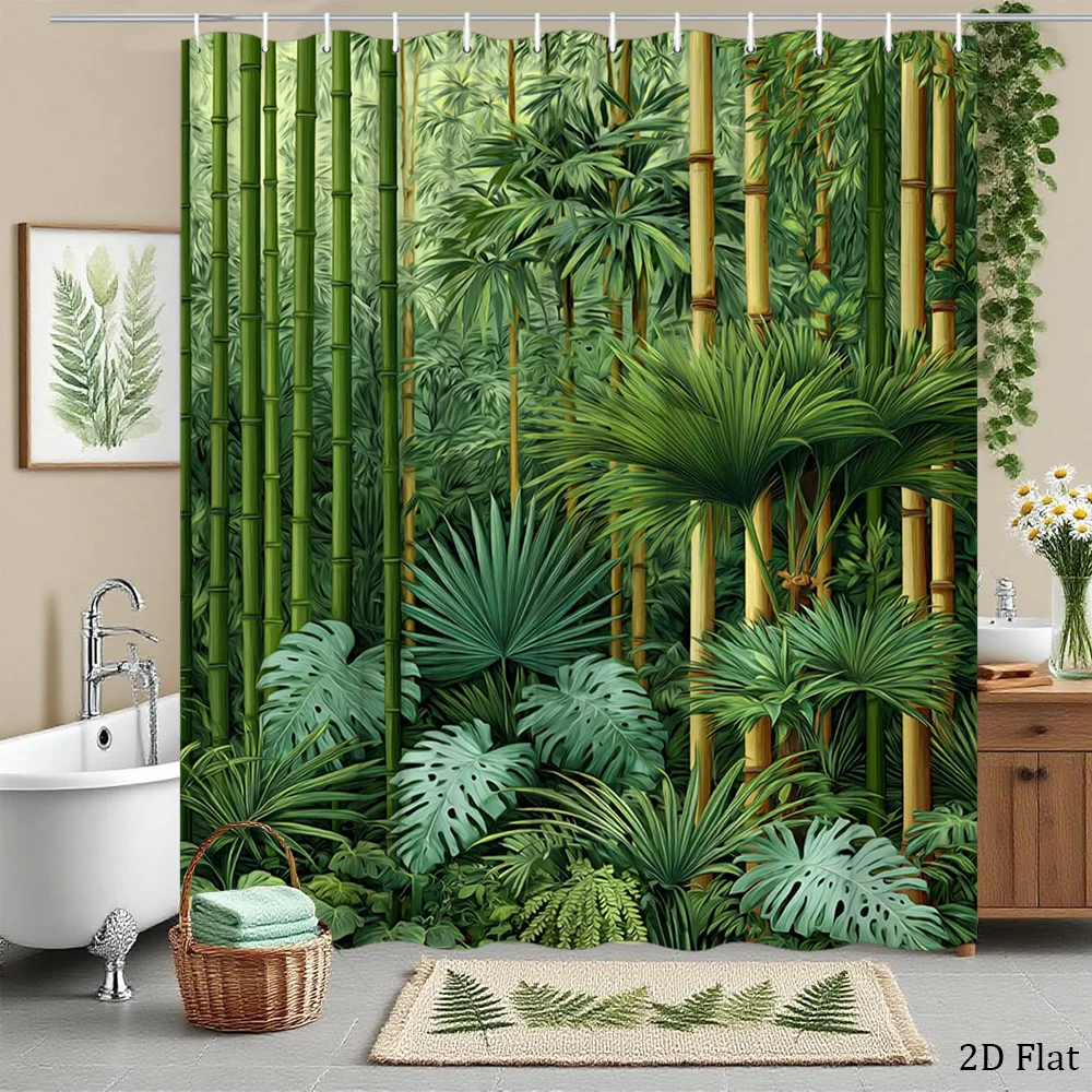 Luxury Tropical Jungle Shower Curtain Bathroom Decor Greenery Bamboo Print Waterproof Curtain 180x200cm