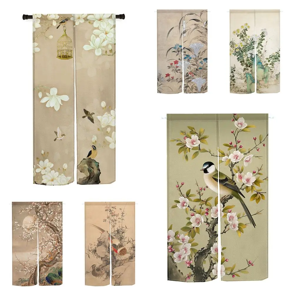 Bird Flower Themed Door Curtains Chinese Style Ink Wash Paintings Japanese Curtain Kitchen Bedroom Partition Decor Half Curtain