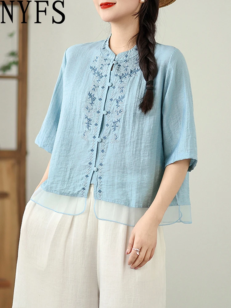 

NYFS 2025 Summer New Womens T shirt Fashion big size Women Tops Loose Embroidery Patchwork Tencel ramie Blusas Camisa Mujer