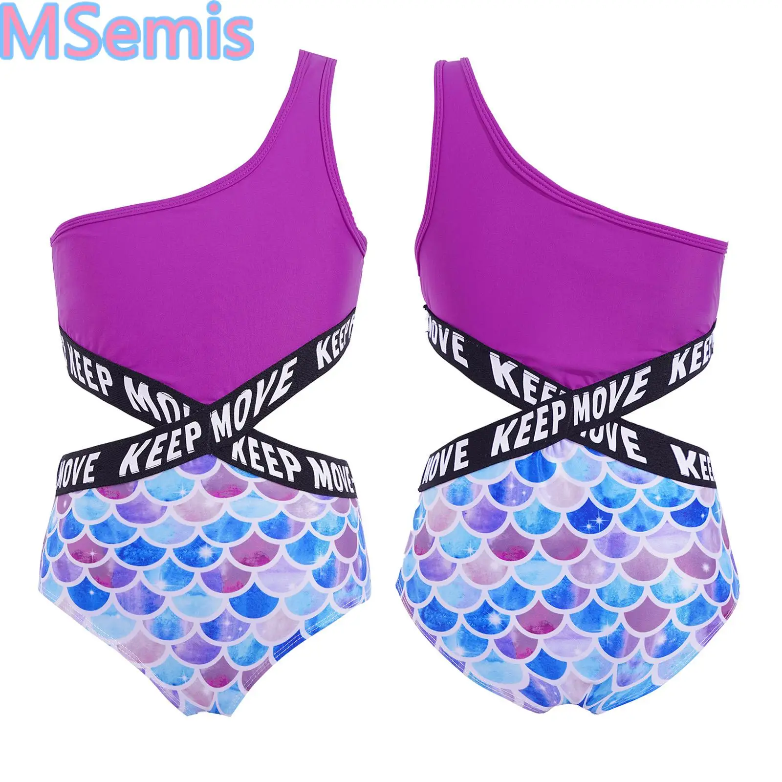 

Kids Girls Letters Printed Swimsuit for One-piece Asymmetric Single Shoulder Strap Waist Webbing Patchwork Bodysuit