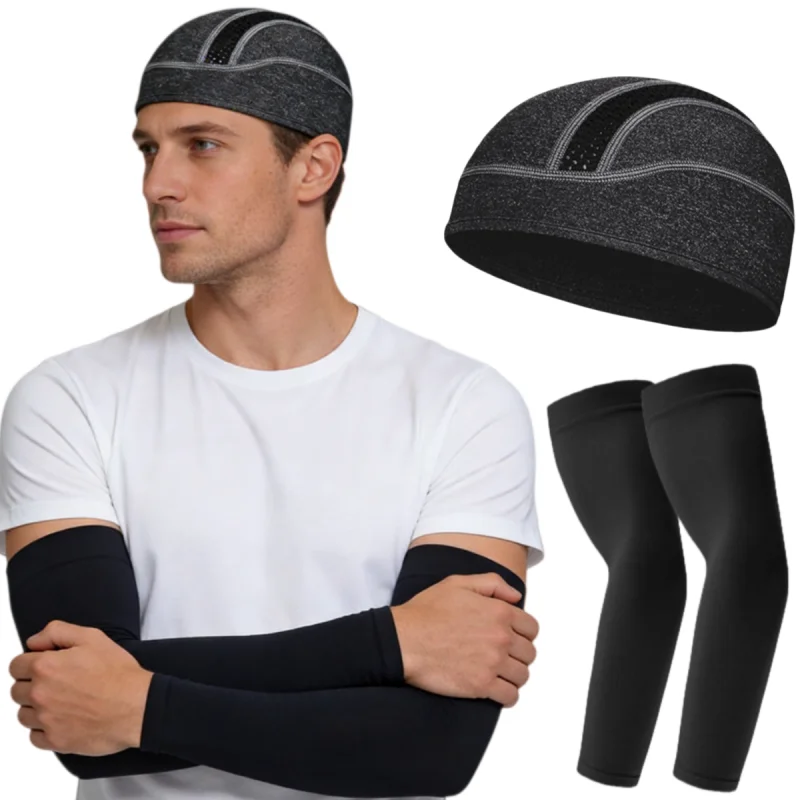 

Skull Cap and Arm Sleeve Motorcycle Helmet Lining Breathable Sweat Wicking Cycling Running Hat Outdoor Hiking Sunscreen Set