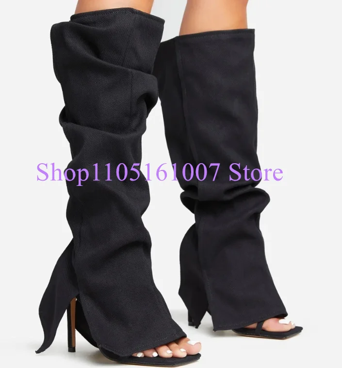 

New Design Peep Toe Woman Sandals Long Boots Fashion Thin Heel Black Blue Denim Knee High Boots Lady Banquet High Heels Shoes