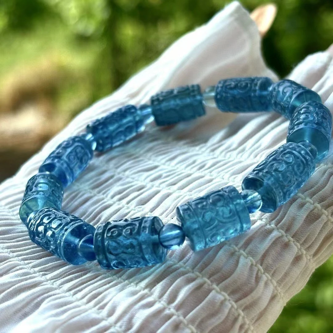 Natural Blue Aquamarine Clear Barrel Beads Carved Bracelet Women Men Brazil 9mm Stretch Blue Aquamarine Jewelry AAAAA