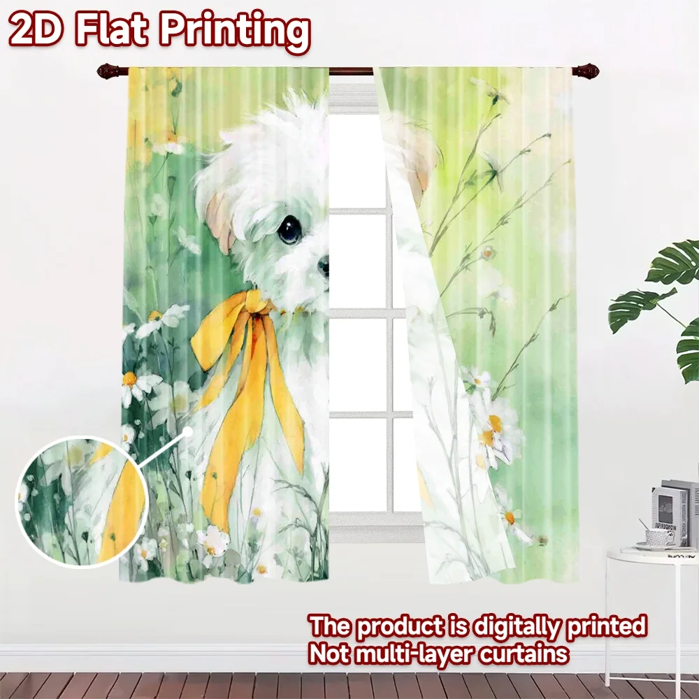 2D flat printing 2pcs Curtains Cute White Dog Yellow Bow Daisies Digital Printed Polyester Drapes Festive Wall Decor Use for