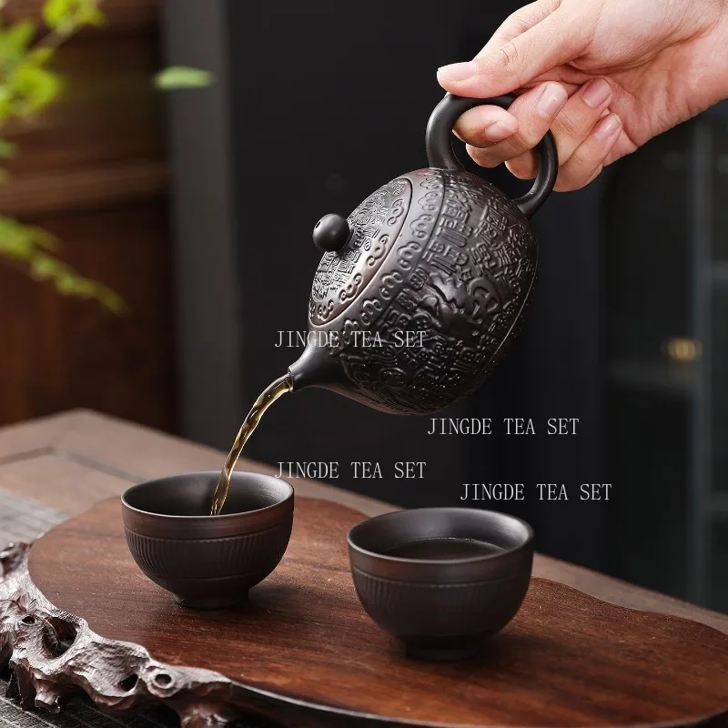 Dark Purple Clay Teapot With Embossed Chinese Character Pattern Hand‑crafted Zisha Teapot For Home Kung Fu Tea Ceremony Brewing