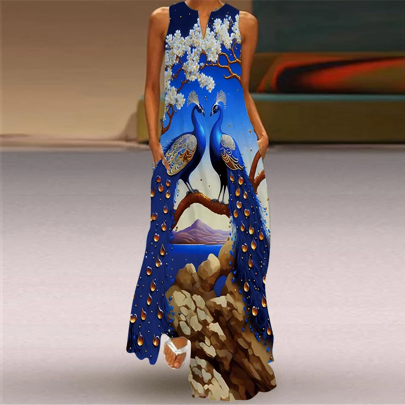 Women Printed Dresses Summer Vintage Seven-Color Fashion Peacock Sleeveless V-Neck Long Dress Elegant Beach Party Maxi Vestidos