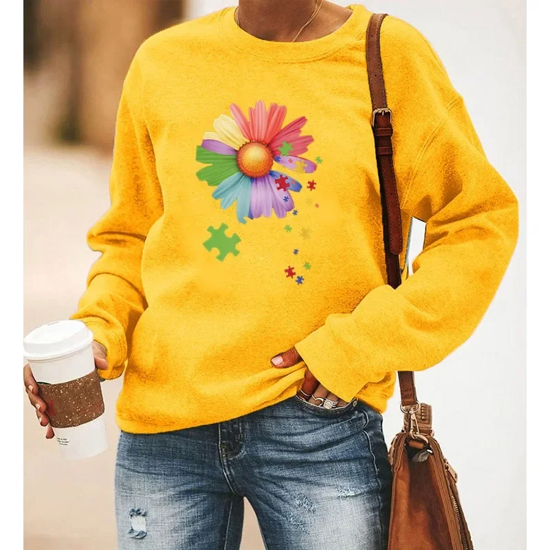 Estética feminina pequena margarida impressão manga longa crewneck hoodie senhora moletom confortável moda camisolas roupas