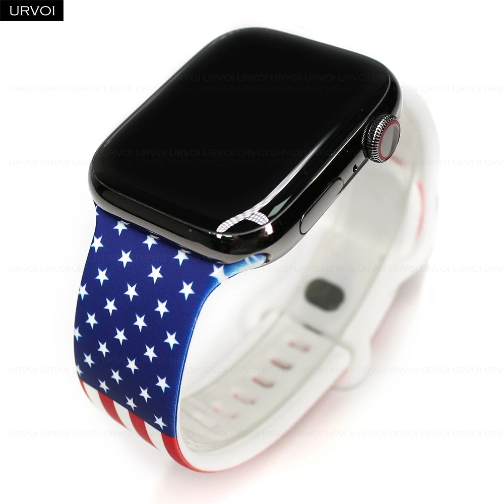 URVOI Band for Apple Watch Series 10 9 8 7 6 5 Printed silicone strap for iWatch Trump supporters wristband US flag pin buckle