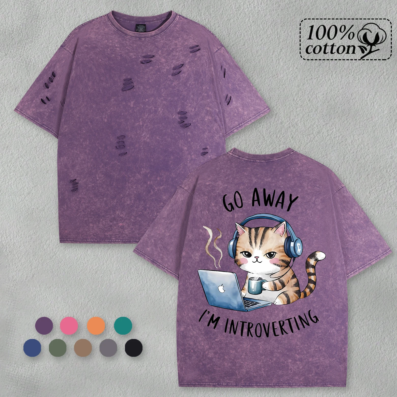 

Go Away I Am Introverting Snow Wash Man Holes Tee Summer Cotton Tops Hip Hop Washed Loose Clothes Unisex Trendy O-Neck Top