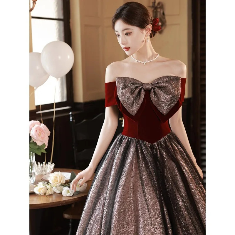 2025 New Women's Summer One Shoulder Wine Red Wedding Evening Dress Fashion Engagement Bow Decoration Grand Banquet Long Dress
