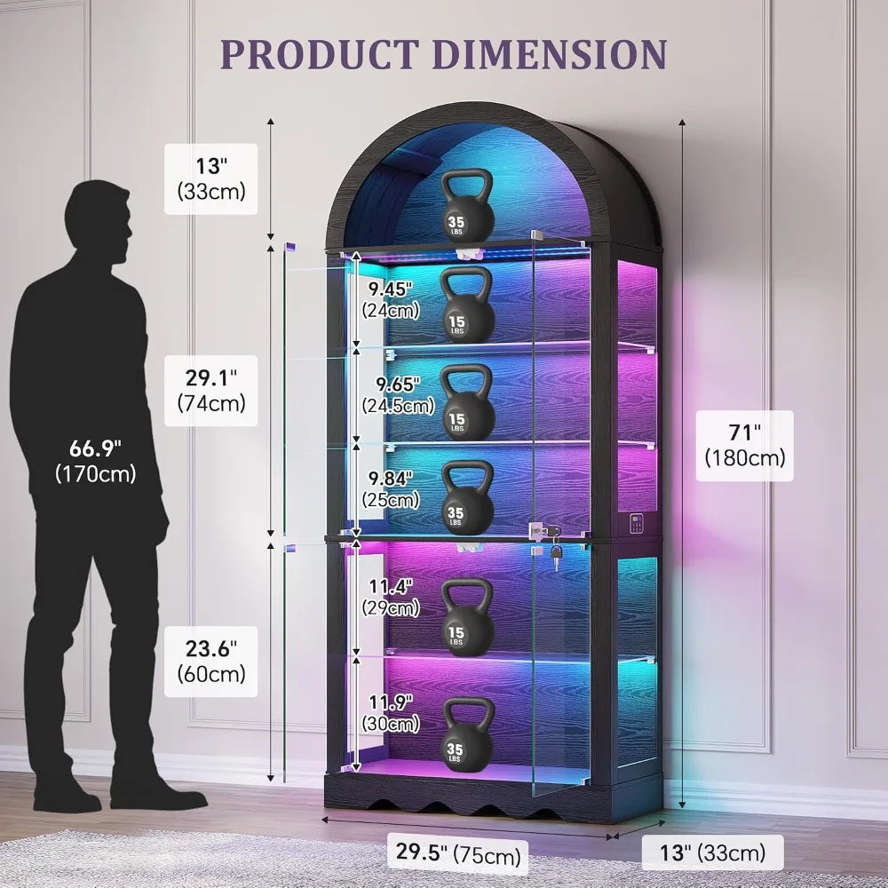 6-Tier Arched Glass Display Cabinet with RGB Lights & Lock