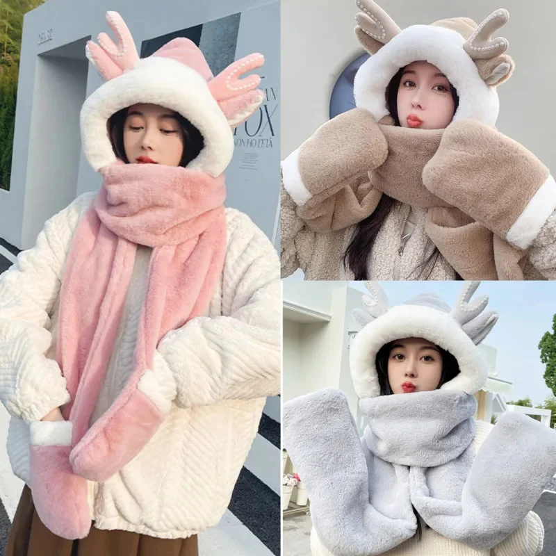 

Elk Hat Ear Protection Hat Scarf Gloves 3 Piece Women Winter Y2K Kawaii Bun Hat Neck Plush Cute Cycling Outdoor Dome Warm Hat