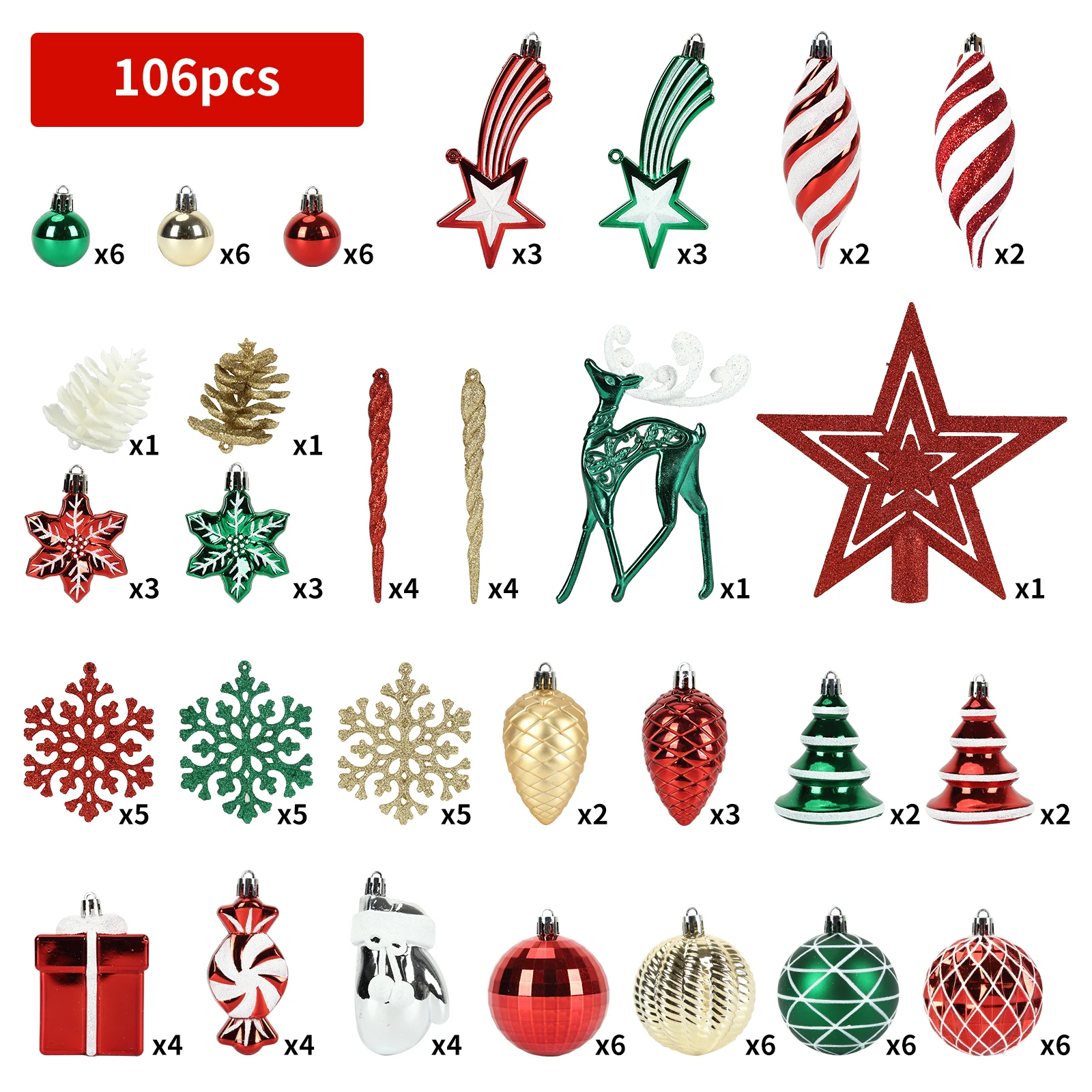 

Christmas Ornaments Set, 106 pcs Shatterproof Christmas Tree Balls Decorations, for New Year Holiday Wedding Party Xmas Parties