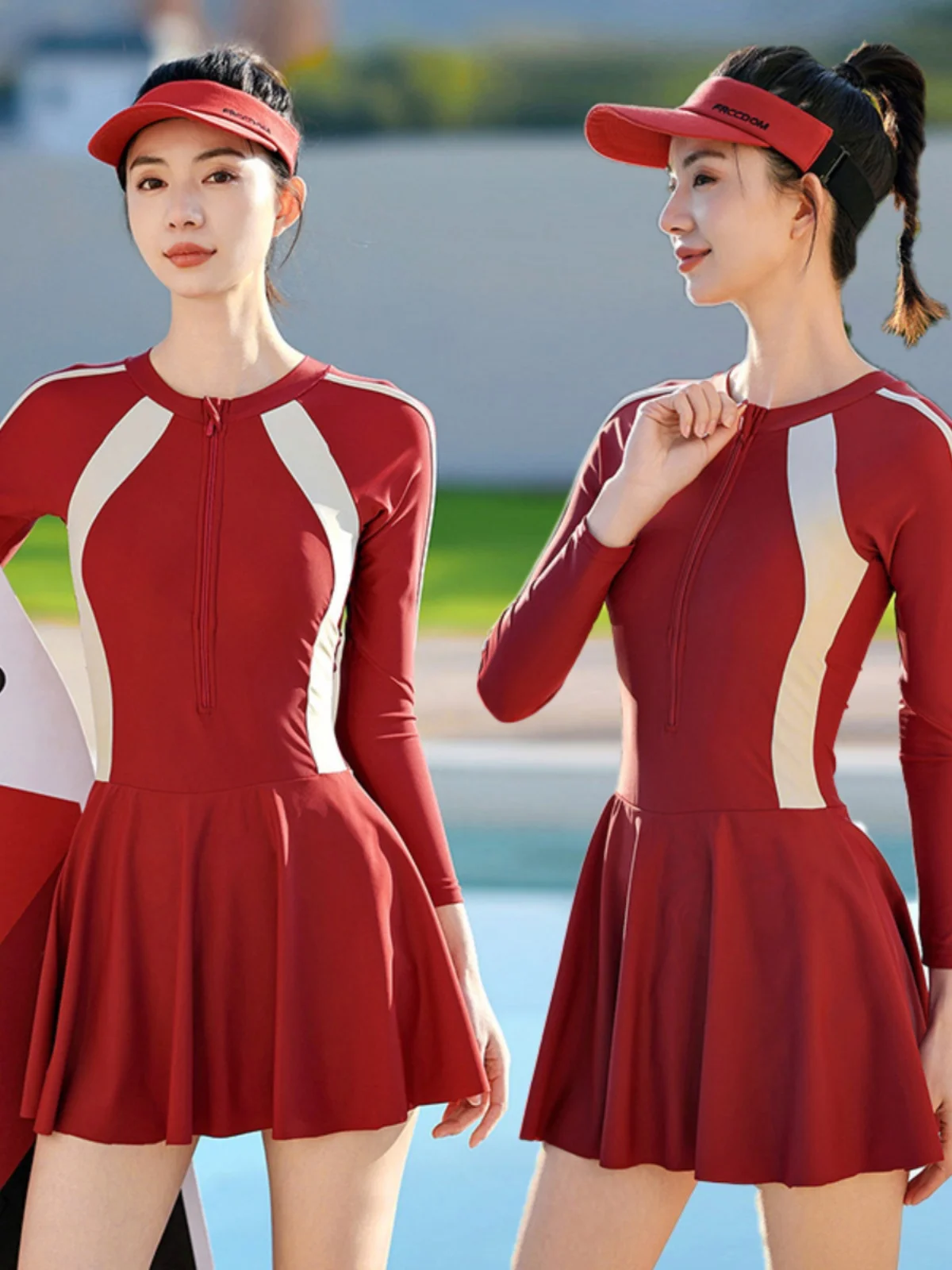 

Женский цельный купальник с длинным рукавом, защита от солнца, термозащита, красный цвет, утягивающий дизайн, круглый вырез, повседневная пляжная одежда