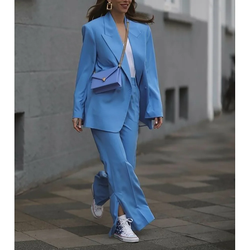 

Loose Blue Single Button Peaked Lapel Woman Suits 2 Pieces Blazer+Pants Set Formal Party Sets Office Lady Daily Sets