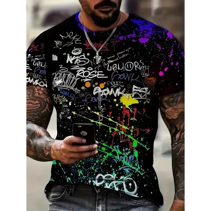 Men's 3D Graffiti Print T-Shirt Bright Street Art Design Casual Short Sleeve Summer Tee Black Polyester Fabric Machine