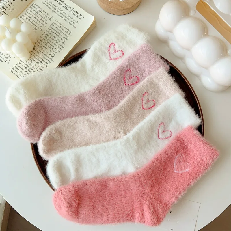 Winter New Mink Fur Thick Midsole Sock Pink Embroidered Heart-shaped Women Ladies super Thickened Warm Solid Color Snow Stocking