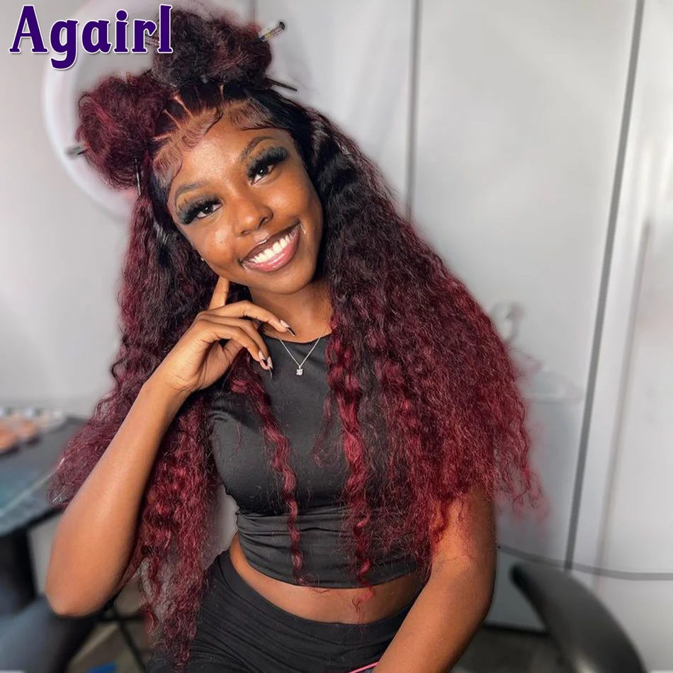 

Ready To Go Wig Ombre 1B 99J Deep Wave 6x4 Closure Lace Wig Pre Plucked Curly Human Wig Red with Black Water Wave 180% 32 34Inch