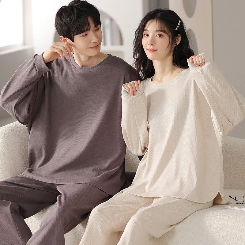 Cotton Waffle Couples Spring Nightwear Women and Men Matching Pajamas Set Pullover Long Sleeve Sleeping Top Pant Pyjamas Hombre