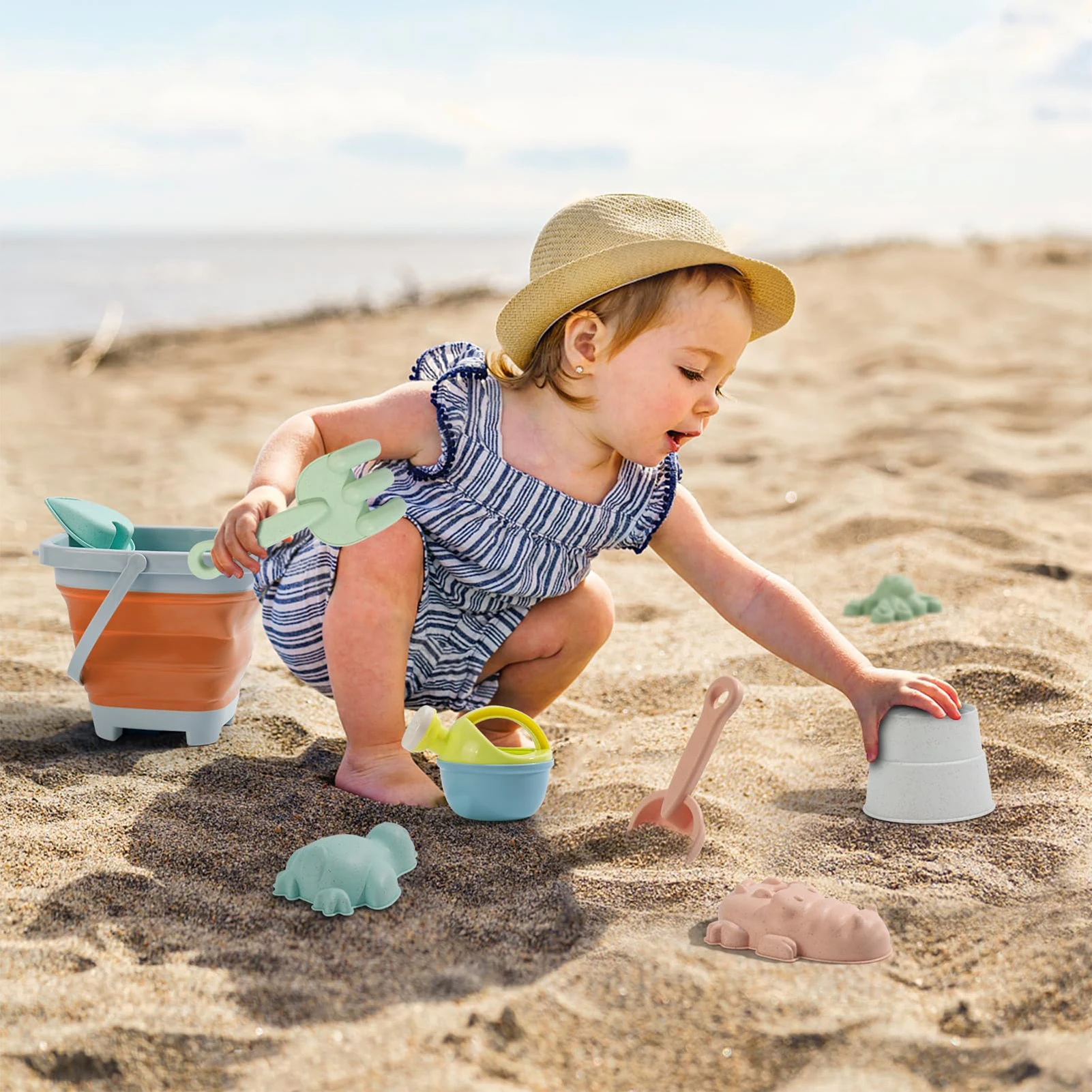 New Hot Beach Plastic Sand Toy Set with Beach Bucket Sand Molds Watering Can Shovels for Toddlers Outdoor Indoor Play Gift