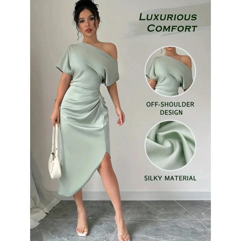 Robe moulante sexy plissée à col asymétrique - Brise visuelle la routine, ajoute une mode unique et une version du style infinie