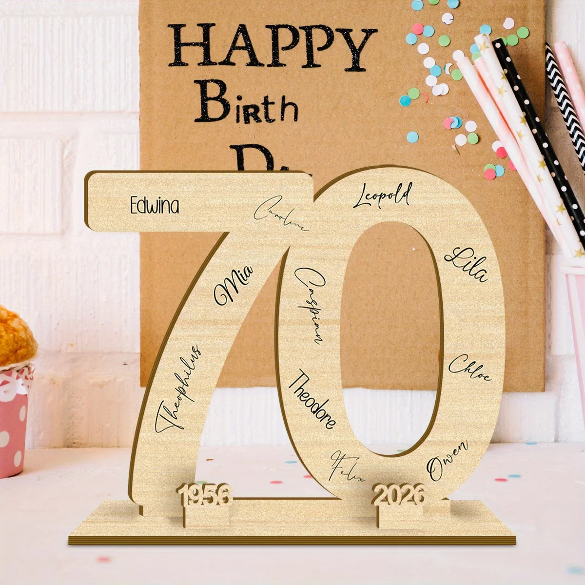 Number 70 Wood Memorial Keepsake, Name & Year Plaque for 70th Birthday, Anniversary, Wedding, Retirement Party, Timeless Design