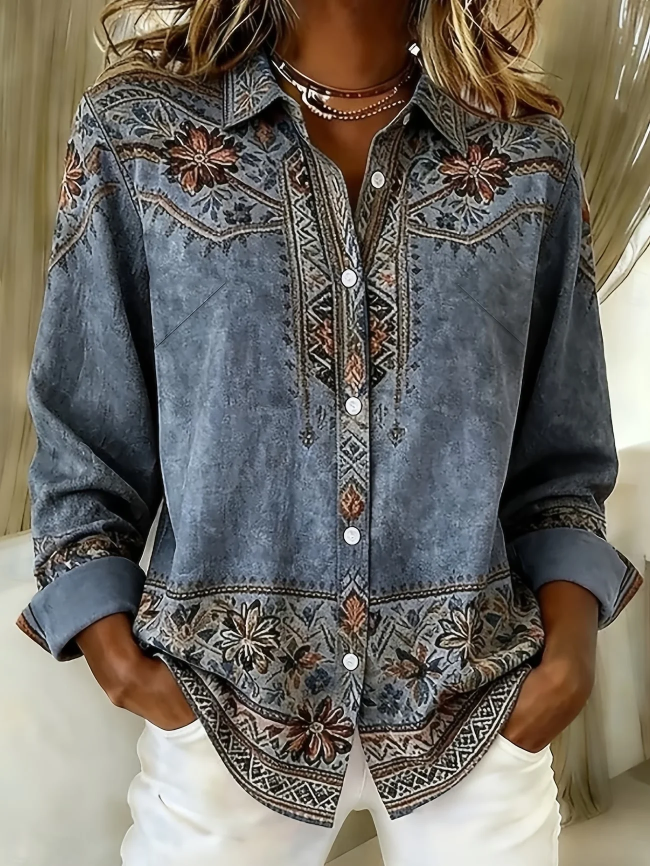 New Khaki Gradient Retro Floral Print men's Long Sleeve Shirt Bohemian Casual Pattern Shirt Clothing Jacket