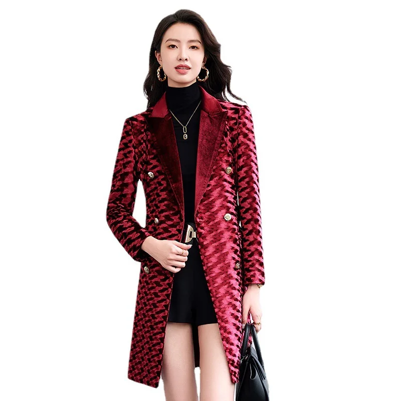 Korean New Women's Windbreaker Split Trench Coat for Women with Belt Geometric Print Color Female Casual Larger Size Outwear