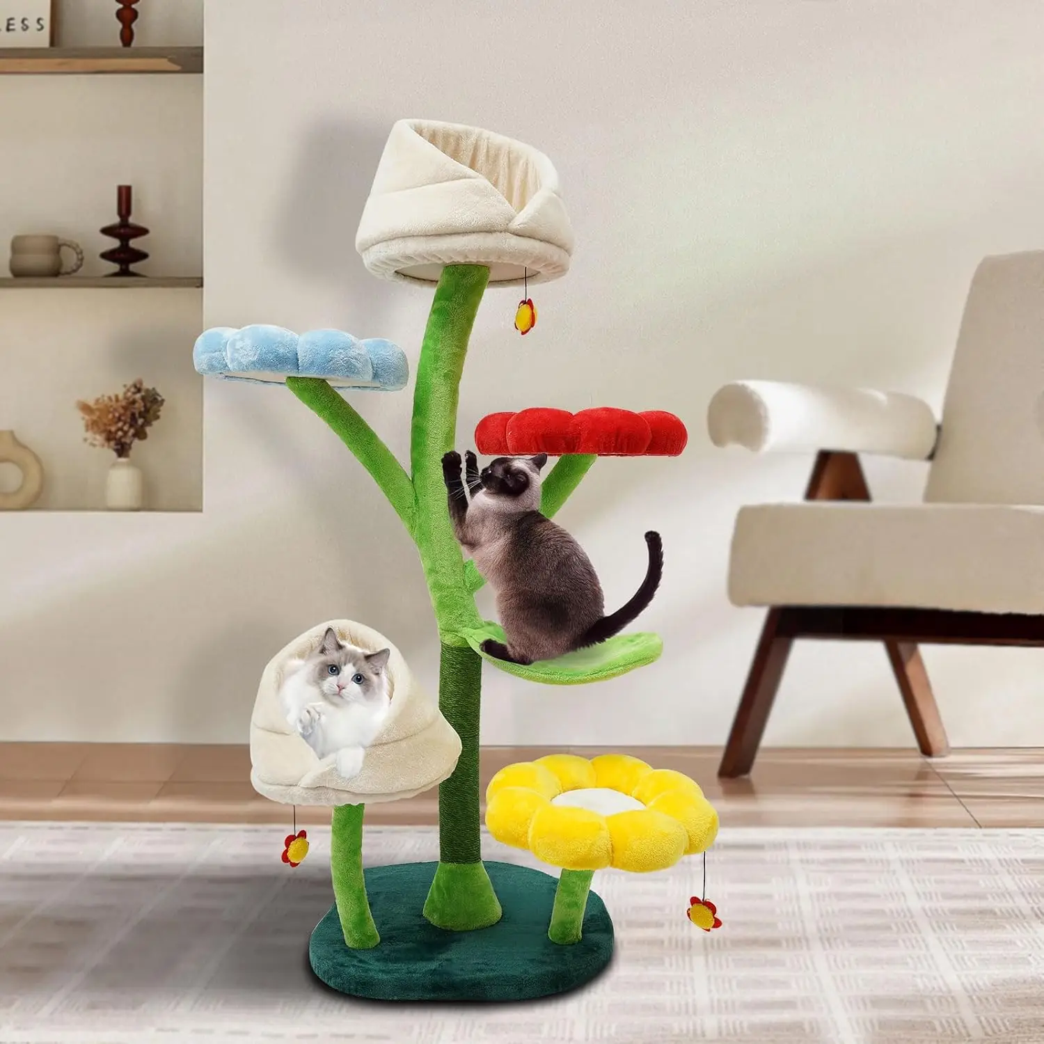 

22-InchTall Large Cat Tree, 6 Tiers Multi-Level Tower for Cat, Flower Shape Cat Climbing Frame,Soft Platform cat furniture