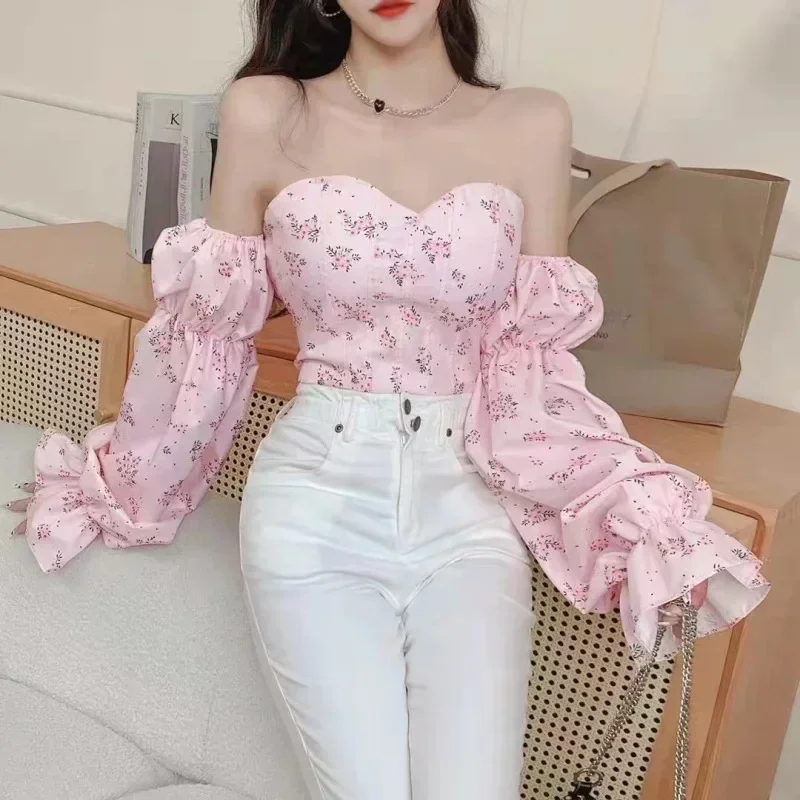 Sweet Off Shoulder Bubble Sleeve Fragmented Blouse Shirt for Women's Spring/Summer New Style Slim Fit Short Chiffon Shirt Top