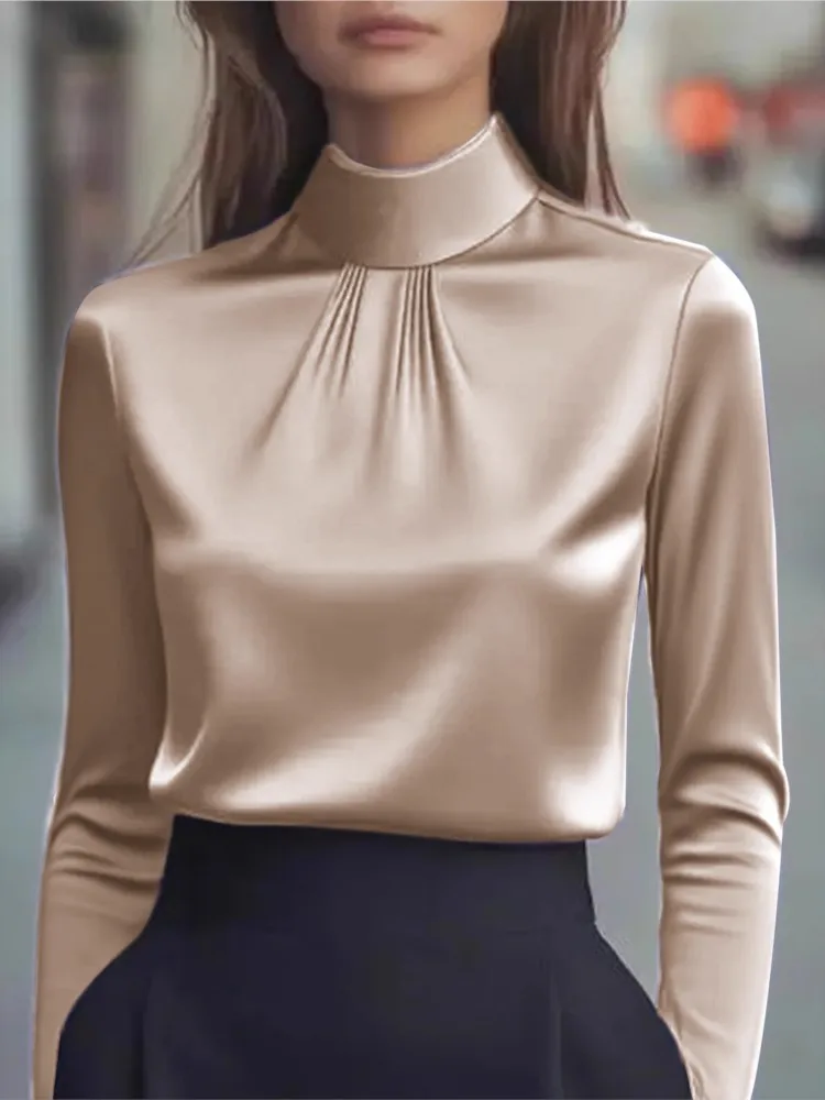 Autumn Fashion Elegant Solid Color Long-sleeved Shirt Women's Simple Commuting Solid Color Stand-up Collar Pleated Versatile Top