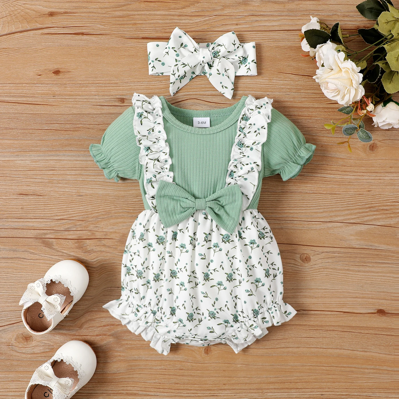 

PP PatPat 2pcs Baby Girl Ruffle Ribbed Allover Floral Print Puff-sleeve Romper and Headband Set