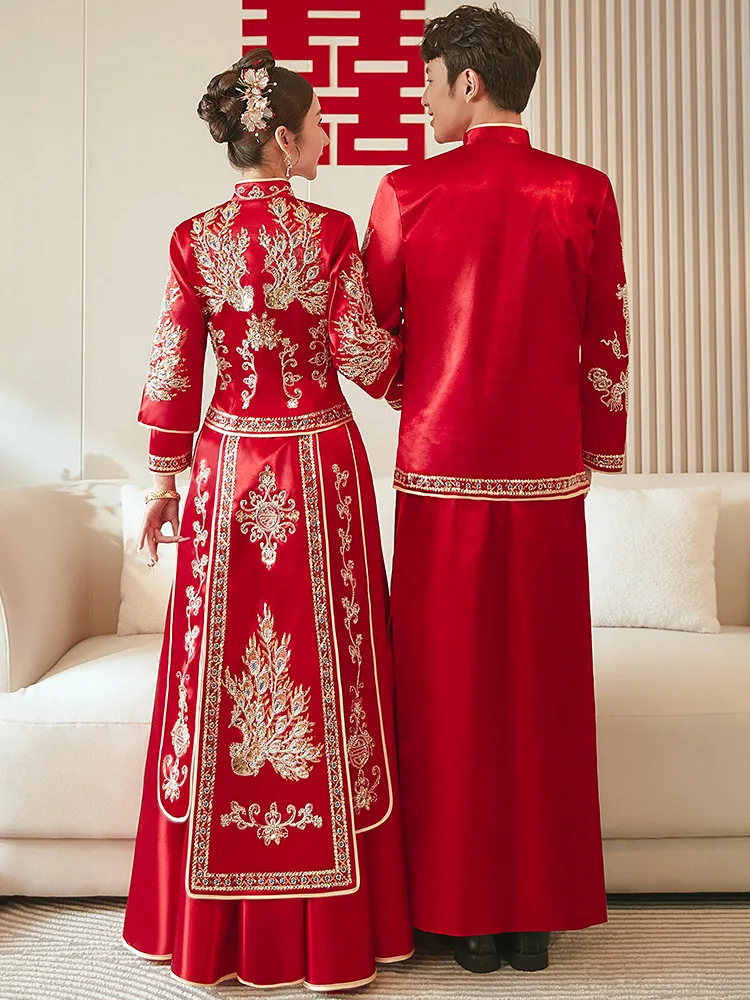 Red Dragon Phoenix Beaded Embroidery Cheongsam Wedding Tang Suit Costume Chinese Style Marriage Set Toast Clothes