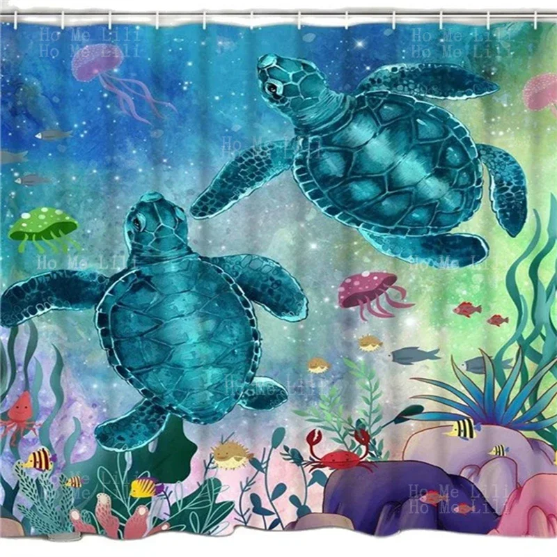 Blue Whale Coastal Teal Sea Turtles Watercolor Underwater World Theme Psychedelic Colorful Printing Shower Curtain