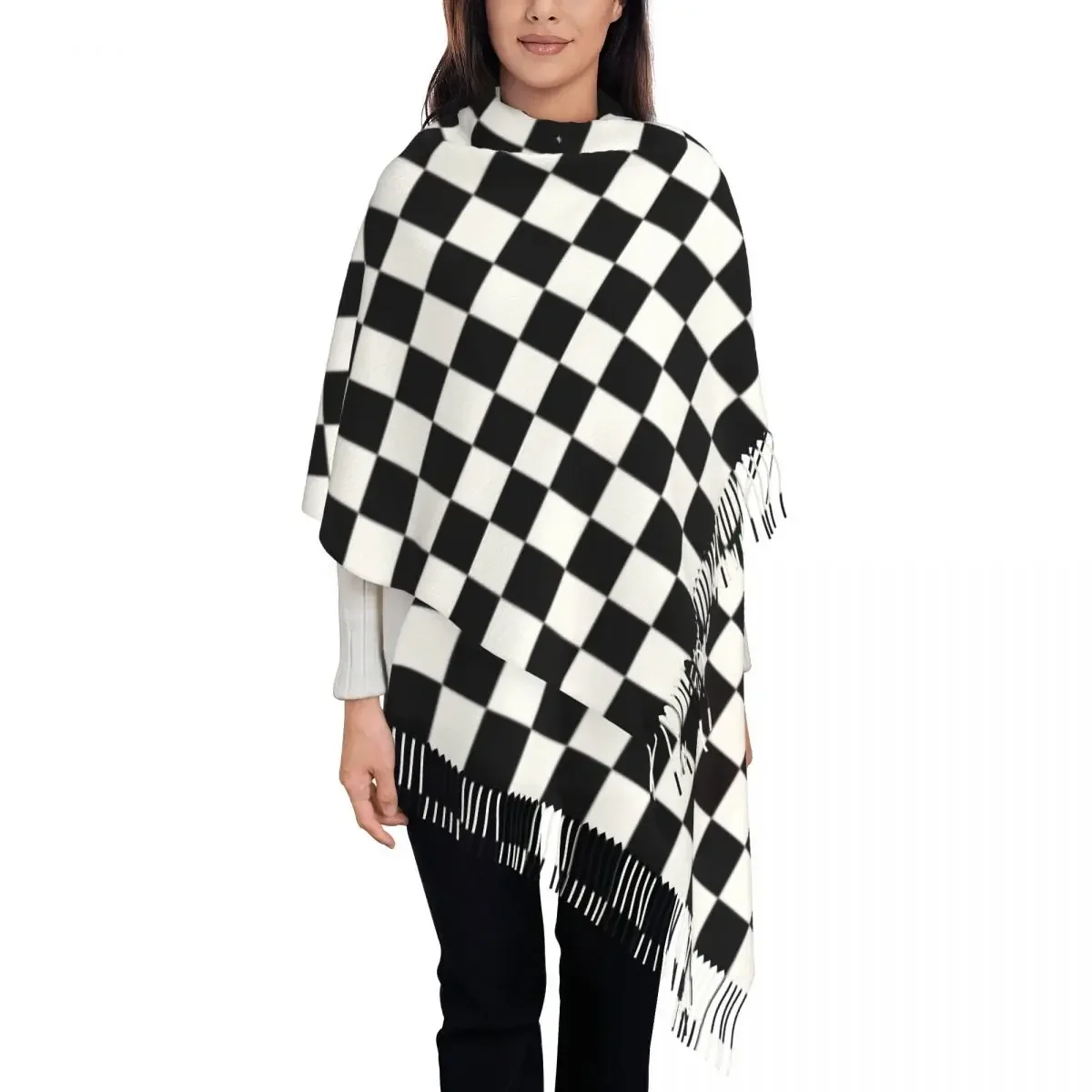 Classic Checkerboard Scarf Wrap for Women Long Winter Warm Tassel Shawl Unisex Chess Board Scarves