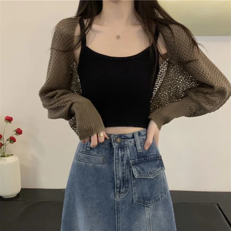 New Spring Summer Women Cropped Cardigan Knitted Tops Shawl Korean Fashion Sun Protection Clothes Long Sleeve Thin Jacket