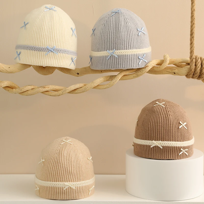 New Winter Baby Beanies Girls Cute Sweet Bowknot Knitted Hats Newborn Soild Color Soft  Wool Warmer Stuff Infant Toddler Cap