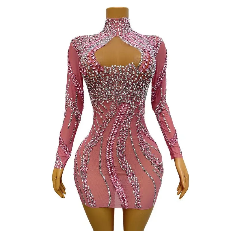 

Pink Silver Crystals Stretch Transparent Mesh Dress Skinny Dance Costume Prom Party Nightclub Singer Performance Stage lianyi