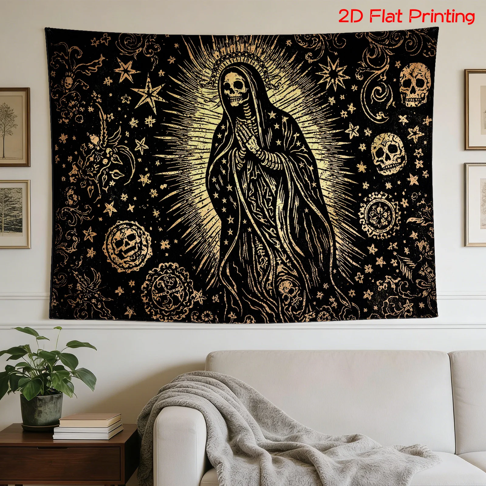 Large Black Gold Skeleton Reaper Gothic Tapestry Wall Hanging Polyester Home Decor Halloween Spooky Skull Art Print Haunted Hous