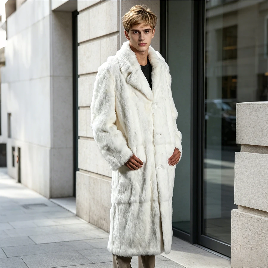 White Full Skin Rabbit Fur Trench Coat With Suit Collar Long Real Rex Rabbit Fur Jacket Best Selling Natural Fur Coat Men
