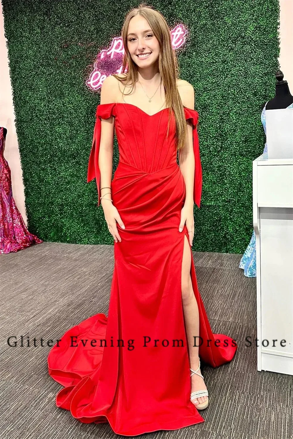 Red Modern Sexy Prom Dresses For Women Sweetheart Mermaid Off-Shoulder Slide Split Satin Custom Birthday Evening Party Dresses