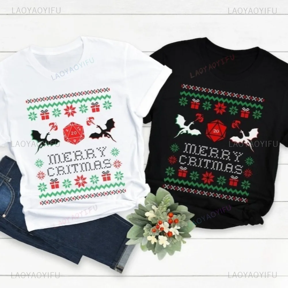 

DND Merry Critmas Dungeons and Dragons D20 Dice TShirt Funny Board Game Lover Gift T Shirt Casual Fashion Short Sleeve Man Tees