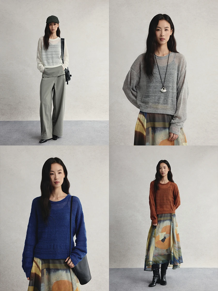 

CAREMIND Sunlight Blue Wa round Ne Long Sve Knitted Sweater Thin Outerwear Sle Women's Loose Fit Wool Blend Knitwear