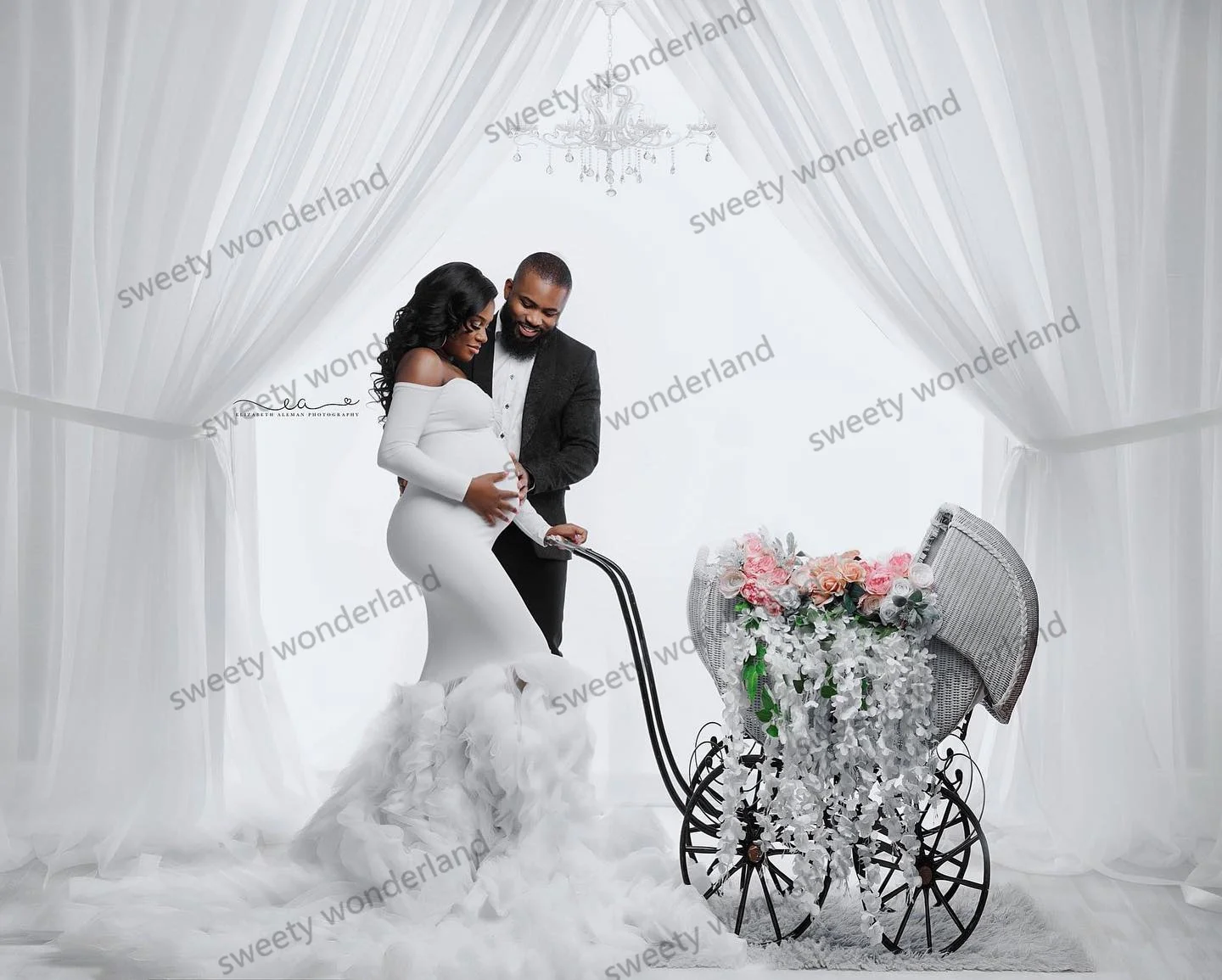 Elegante weiße Meerjungfrau Mutterschaft Fotoshooting Kleider lange Ärmel gestufte Rüschen Ballkleid Damen Baby party Kleid