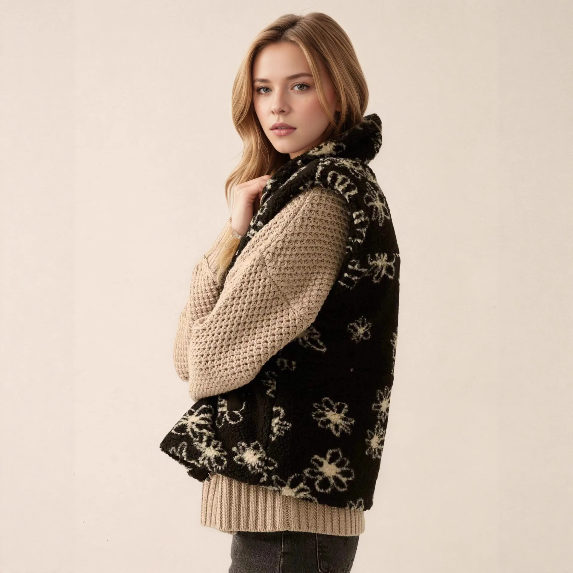 Warm vest voor dames met modieuze revers Bloemenprint Lamswol Dames winterbont Mouwloos fleece vest uit één stuk