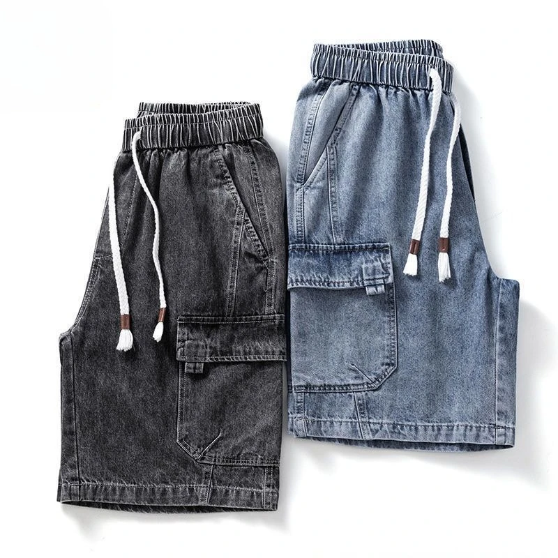 صيف 2025 جيب كبير الدنيم السراويل في سن المراهقة الطلاب العصرية سراويل تقليدية تنوعا مرونة الخصر الرجال شورت جينز السراويل الخارجية #1