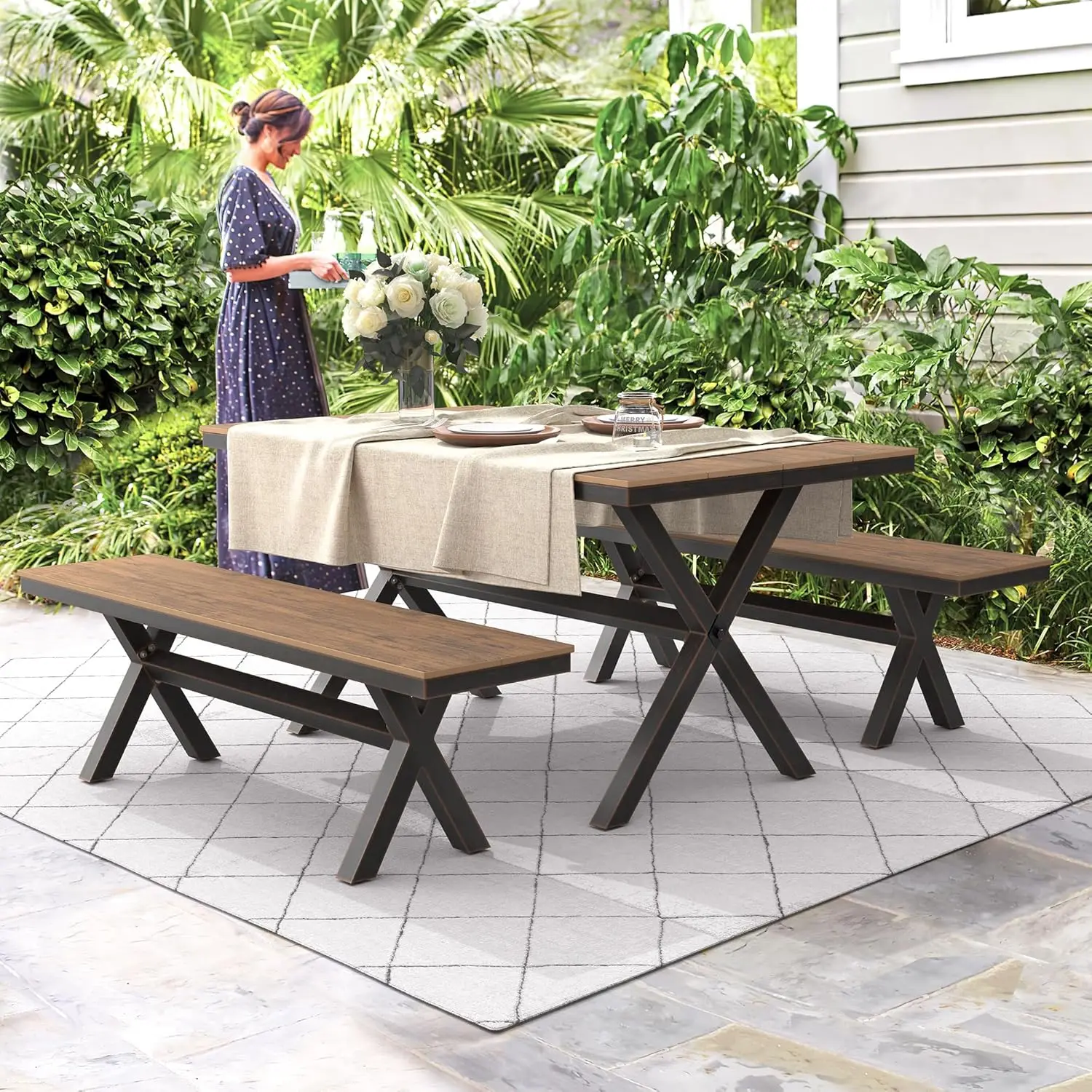 3 Pieces Patio Table Set, HDPS and Aluminum Material, Outdoor Dining Table Set with 2 Benches, Weather Resistant