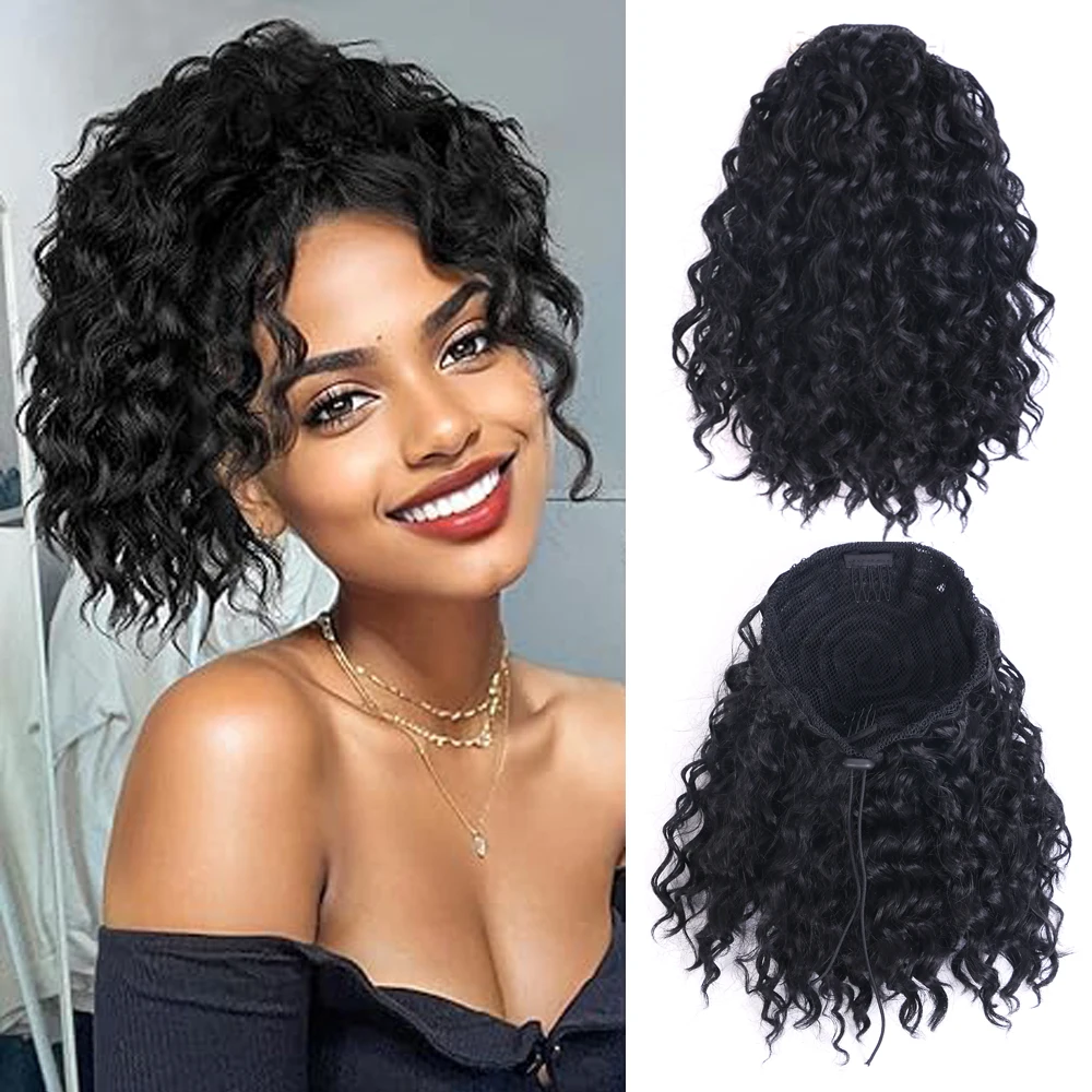 VERVES Synthetic Drawstring Ponytail For Black Women 10 Inch Wave Black Clip In Afro Ponytail Hair Extensions Black Brown