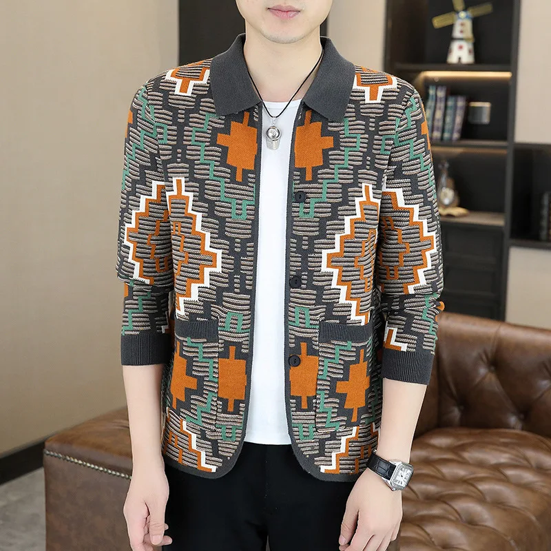 

Мужской облегающий вязаный кардиган с геометрическим узором, легкий роскошный модный свитер, мужской пуловер на осень и зиму