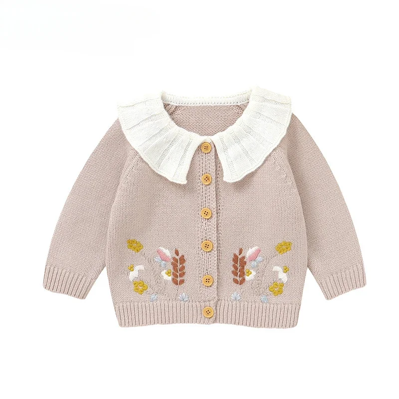 

2024 New Baby Sweaters Lapel Wheat Ear Embroidered Knitted Coat Children Girl All-Match Knitwear Top Autumn and Winter Clothing